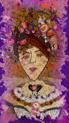 Portrait of a woman made of flowers. Frida Kahlo inspired artwork on colorful textured paper