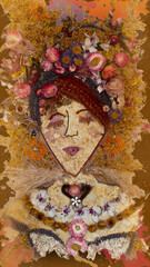 Portrait of a woman made of flowers. Frida Kahlo inspired artwork on colorful textured paper