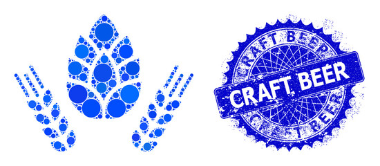 Barley and hop vector mosaic of round dots in variable sizes and blue color tones, and grunge Craft Beer seal. Blue round sharp rosette stamp seal has Craft Beer text inside.