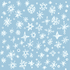 Hand drawn snowflakes blue background. Can be used as a seamless pattern. Not one crystal in a set is repeated.