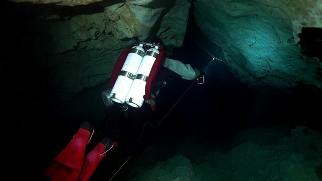 Budapest - 17 August 2017: Technical diver in red flippers in the underwater cave of Budapest