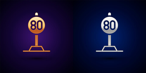 Gold and silver Speed limit traffic sign 80 km icon isolated on black background. Vector