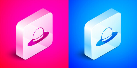 Isometric Man hat with ribbon icon isolated on pink and blue background. Silver square button. Vector