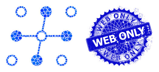 Grid structure vector composition of round dots in different sizes and blue color tints, and distress Web Only stamp. Blue round sharp rosette stamp seal includes Web Only text inside.