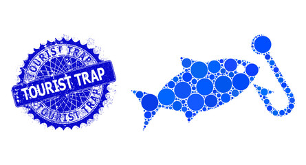 Fishing hook vector composition of round dots in various sizes and blue color hues, and scratched Tourist Trap stamp. Blue round sharp rosette stamp contains Tourist Trap text inside it.