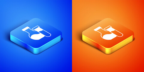 Isometric Test tube and flask chemical laboratory test icon isolated on blue and orange background. Laboratory glassware sign. Square button. Vector