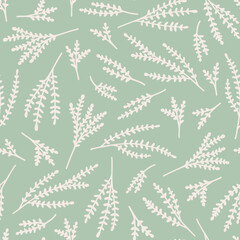 Lavender silhouette seamless repeat pattern. Random placed, vector flowering plants all over surface print on sage green background.
