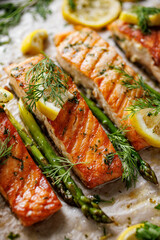 Baked salmon fillets and green asparagus with aromatic herbs and lemon on baking paper, focus on the portion inside, close-u