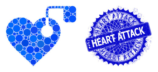 Heart pacemaker vector composition of round dots in various sizes and blue color shades, and rubber Heart Attack badge. Blue round sharp rosette badge has Heart Attack title inside.