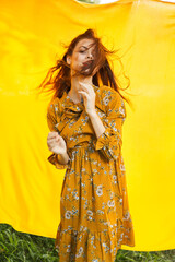 attractive woman outdoors hairstyle summer posing yellow background