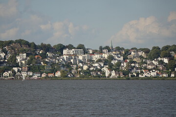 Hamburg's wealthy suburb Blankenese with its white houses seen from the River Elbe, Blankenese,...
