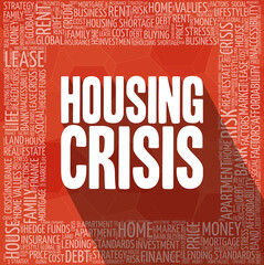 Housing Crisis typography illustration with a word cloud. Text with long shadows over red background.	