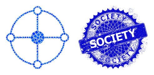 Circle grid node vector mosaic of dots in variable sizes and blue color tinges, and grunge Society stamp seal. Blue round sharp rosette stamp seal includes Society tag inside it.