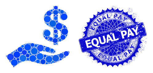 Donation hand vector collage of small circles in variable sizes and blue color tones, and distress Equal Pay seal. Blue round sharp rosette badge contains Equal Pay tag inside it.