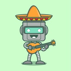 Cute cartoon robot character playing Mexican guitar. vector illustration for mascot logo or sticker