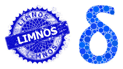 Delta Greek lowercase symbol vector mosaic of round dots in different sizes and blue color tones, and grunge Limnos seal. Blue round sharp rosette stamp seal includes Limnos caption inside.
