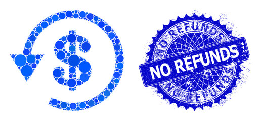 Fototapeta na wymiar Dollar refund vector composition of round dots in various sizes and blue color tinges, and scratched No Refunds badge. Blue round sharp rosette badge has No Refunds title inside it.