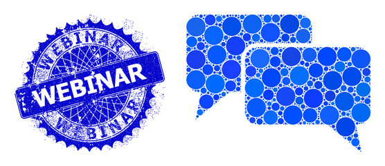 Chat messages vector mosaic of round dots in various sizes and blue color hues, and textured Webinar badge. Blue round sharp rosette badge has Webinar text inside it.