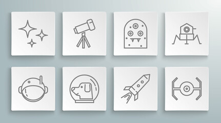 Set line Astronaut helmet, Telescope, Dog in astronaut, Rocket ship with fire, Cosmic, Alien, Mars rover and Falling star icon. Vector