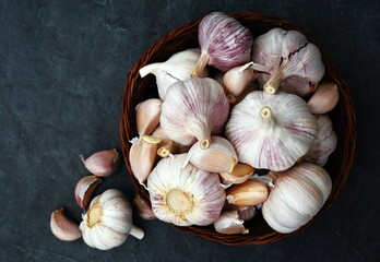 Fresh garlic; vegetables from market; summer farm vegetable harvest background