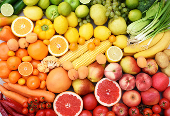 Fresh ripe colorful fruits and vegetables from market, summer farm harvest background