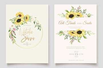 hand drawn sun flower and chrysanthemum invitation card set 