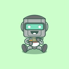 cute cartoon robot character eating ramen noodles. vector illustration for mascot logo or sticker