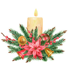 Christmas decoration - a candle in a wreath of fir branches. The image is hand-drawn and isolated on a white background.  Watercolor.