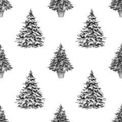 Pattern. Black and white fir trees. The image is hand-drawn and isolated on a white background.