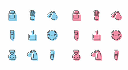 Set line Aftershave, bottle with atomizer, Electrical hair clipper or shaver, Mustache, and Shaving brush icon. Vector