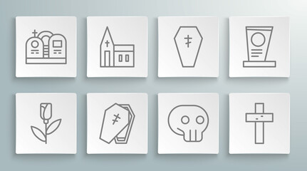 Set line Flower rose, Church building, Coffin with cross, Skull, Christian, Grave tombstone and icon. Vector