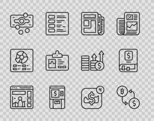 Set line Website with growth graph, Cryptocurrency exchange, Stock market news, ATM and money, Stacks paper cash, Identification badge, Mobile stock trading and Financial book icon. Vector