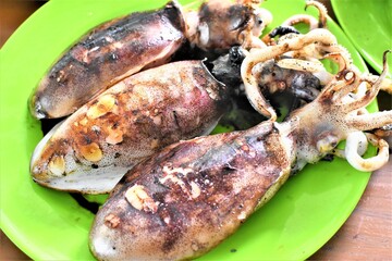 Grilled fresh squid on a green plate. Roasted seafood background. Copy space