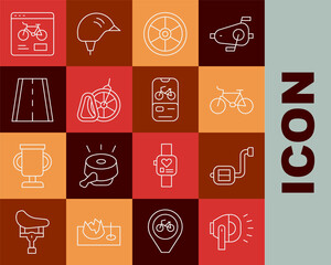 Set line Bicycle head lamp, pedal, wheel, parking, lane, rental mobile app and icon. Vector