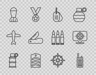 Set line Hand smoke grenade, Walkie talkie, Military dog tag, Chevron, Aviation bomb, Swiss army knife, Target sport and icon. Vector