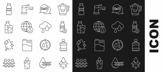 Set line Recycle clean aqua, Big bottle with water, Bottle of, Chemical formula for H2O, Earth planet in drop, glass, and Cloud rain icon. Vector