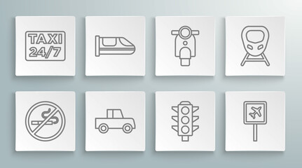 Set line No Smoking, High-speed train, Car, Traffic light, Airport, Scooter, and Location with taxi icon. Vector