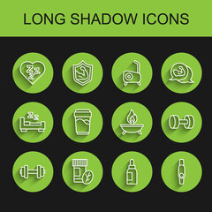 Set line Dumbbell, Vitamin pill, Sleepy, Essential oil bottle, Smartwatch, Glass with water, and Aroma candle icon. Vector