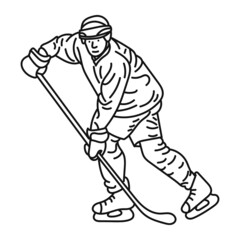 black line illustration Young hockey player with stick on ice field Athlete wearing equipment and helmet practicing. Sports concept, healthy lifestyle, motion, movement, action.