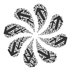 Arrow outside icon centrifugal cluster flower fireworks composition. Flower burst composed from random arrow outside symbols.