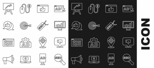 Set line SEO optimization, Dislike in speech bubble, Monitor with graph chart, Customer product rating, Target, Board and icon. Vector