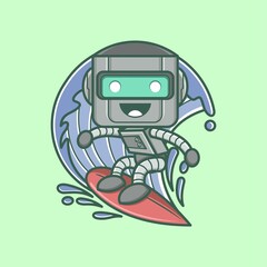 Obraz na płótnie Canvas cute cartoon robot character surfing the waves. vector illustration for mascot logo or sticker