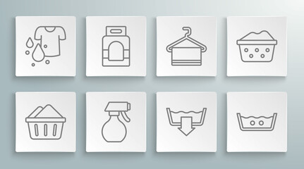 Set line Basin with soap suds, Laundry detergent, Water spray bottle, Washing modes, Temperature wash, Towel on hanger, and Dirty t-shirt icon. Vector