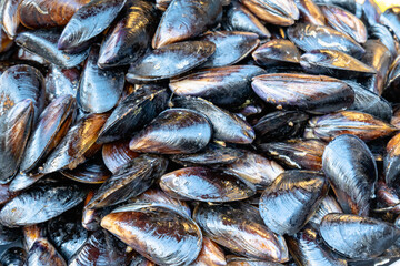 Midye dolma, stuffed mussels close-up, traditional Turkish street food food taken in Istanbul
