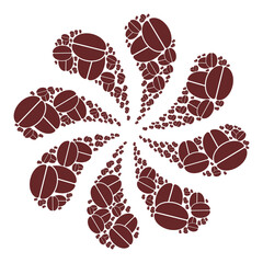 Cacao beans icon swirl burst turbine fireworks shape. Turbine twist done from scattered cacao beans icons.