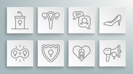 Set line Gender equality, Female reproductive system, shield,, Heart with female, Feminist activist, Woman shoe and Debate podium rostrum icon. Vector
