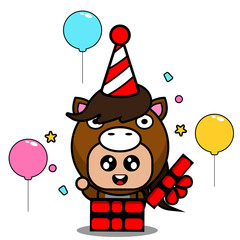 vector cartoon character cute horse animal mascot costume birthday gift box