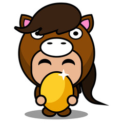 vector cartoon character cute pet horse mascot costume holding golden egg