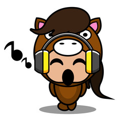 vector cartoon character cute pet horse mascot costume listening to music