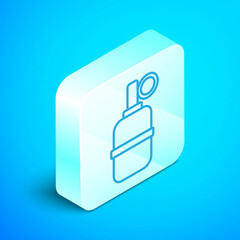 Isometric line Hand grenade icon isolated on blue background. Bomb explosion. Silver square button. Vector